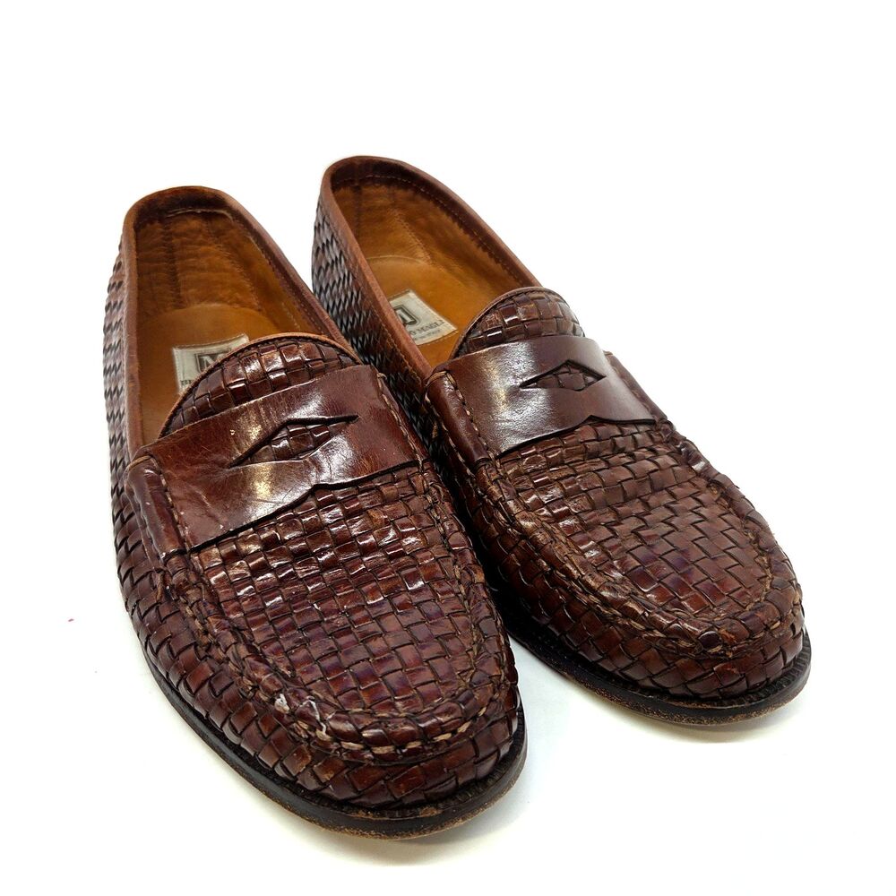 Bruno Magli "BERT" Mens Brown Handcrafted Leather Woven Penny Loafers  US 7 M